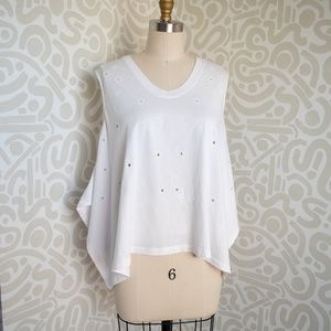 Handkerchief Hem Cut T-Shirt with Embroidered Eyelets.
